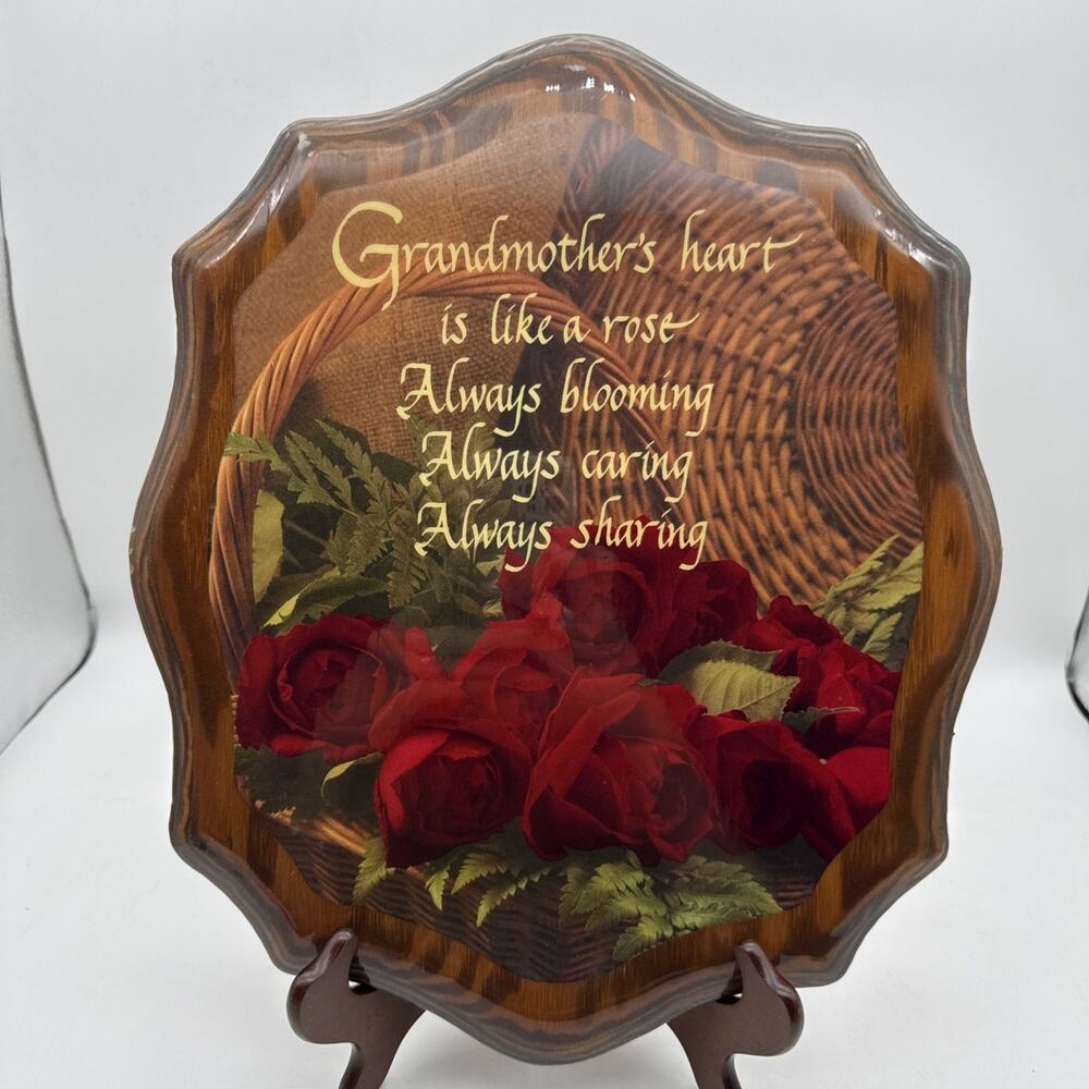 Grandmother’s Heart Rose Plaque Flowers Handcrafted Wood Vintage Gloss Decoupage